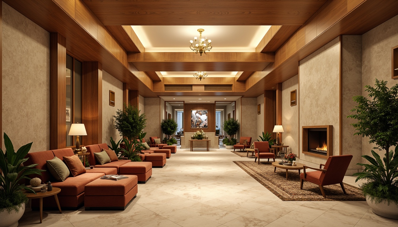 Prompt: Warm inviting lobby, rich wood accents, soft beige walls, plush velvet furniture, golden lighting fixtures, elegant marble floors, vibrant greenery, natural stone columns, cozy fireplaces, comfortable seating areas, warm neutral color palette, earthy tones, calming ambiance, soft warm lighting, shallow depth of field, 3/4 composition, realistic textures, ambient occlusion.