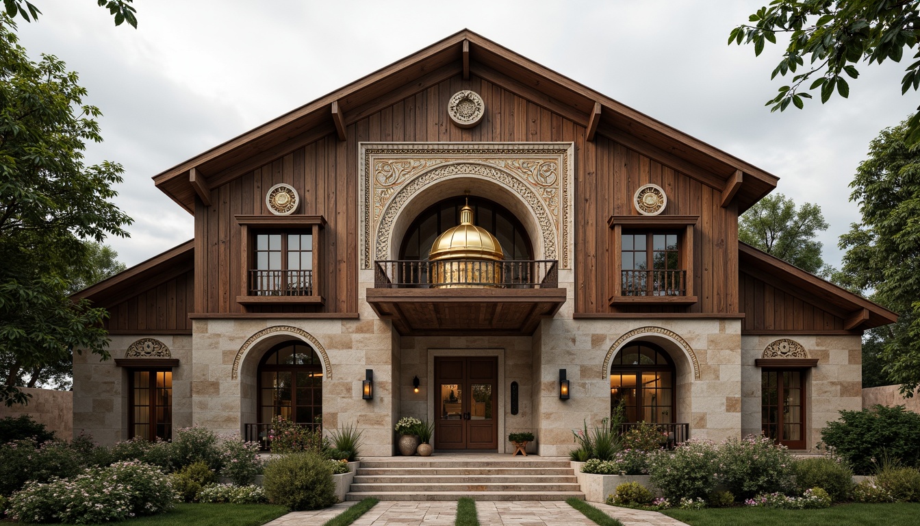 Prompt: Rustic barn facade, Byzantine-inspired architecture, ornate stone carvings, intricate mosaics, golden domes, grand archways, ornamental columns, weathered wooden accents, earthy color palette, natural stone textures, lush greenery, overcast sky, soft warm lighting, shallow depth of field, 1/1 composition, realistic render, ambient occlusion.