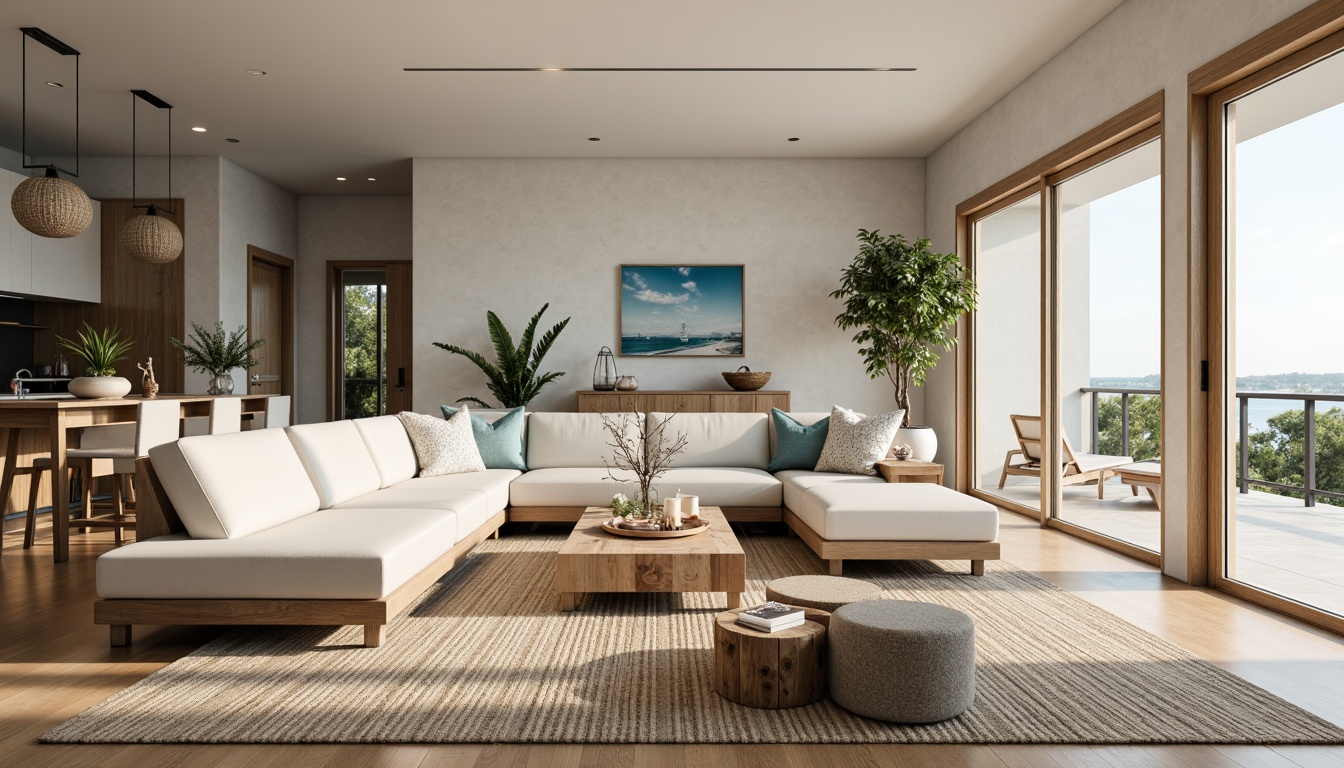 Prompt: Coastal living room, ocean-inspired color palette, driftwood accents, natural textiles, woven sea grass rugs, shell-adorned decorative pieces, floor-to-ceiling windows, sliding glass doors, beachy vibe, soft warm lighting, 1/1 composition, shallow depth of field, realistic wood textures, ambient occlusion, modern minimalist furniture, plush sectional sofas, reclaimed wood coffee tables, nautical-themed artwork, coral-patterned throw pillows, sea salt-scented candles, calming atmosphere.