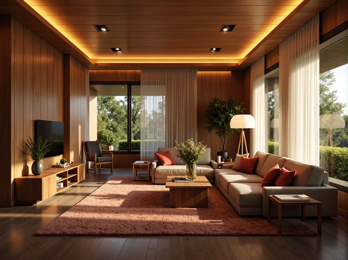 Prompt: Cozy living room, warm ambient lighting, soft glow, table lamps, floor lamps, pendant lights, LED strips, recessed lighting, cove lighting, natural materials, wooden accents, plush furniture, vibrant colors, textured rugs, modern minimalist decor, large windows, sheer curtains, sunny day, gentle shadows, 1/1 composition, realistic reflections, subtle color grading.