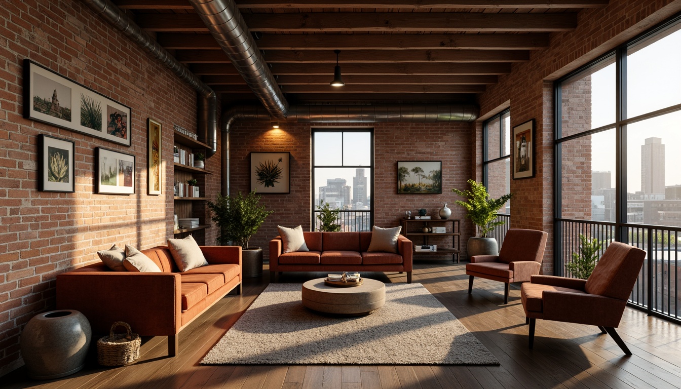 Prompt: Exposed brick walls, wooden beam ceilings, industrial metal pipes, reclaimed wood floors, vintage decorative items, soft warm lighting, cozy reading nooks, plush velvet sofas, distressed leather armchairs, eclectic art collections, floor-to-ceiling windows, cityscape views, minimalist decor, rustic-chic accents, natural textiles, earthy color palette, intimate ambiance, 1/1 composition, shallow depth of field, warm golden hour lighting, soft focus effect.