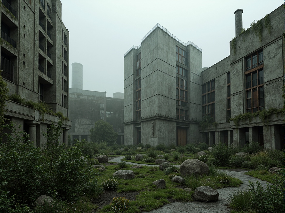 Prompt: Rugged brutalist architecture, raw concrete textures, fortress-like structures, overgrown vegetation, wildflowers, moss-covered walls, industrial landscapes, abandoned factories, rusty machinery, distressed metal accents, urban decay, gritty atmosphere, dramatic lighting, high contrast shadows, cinematic composition, atmospheric fog, misty mornings, eerie silence, desolate surroundings, fragmented rocks, weathered wood, reclaimed materials, post-apocalyptic ambiance.