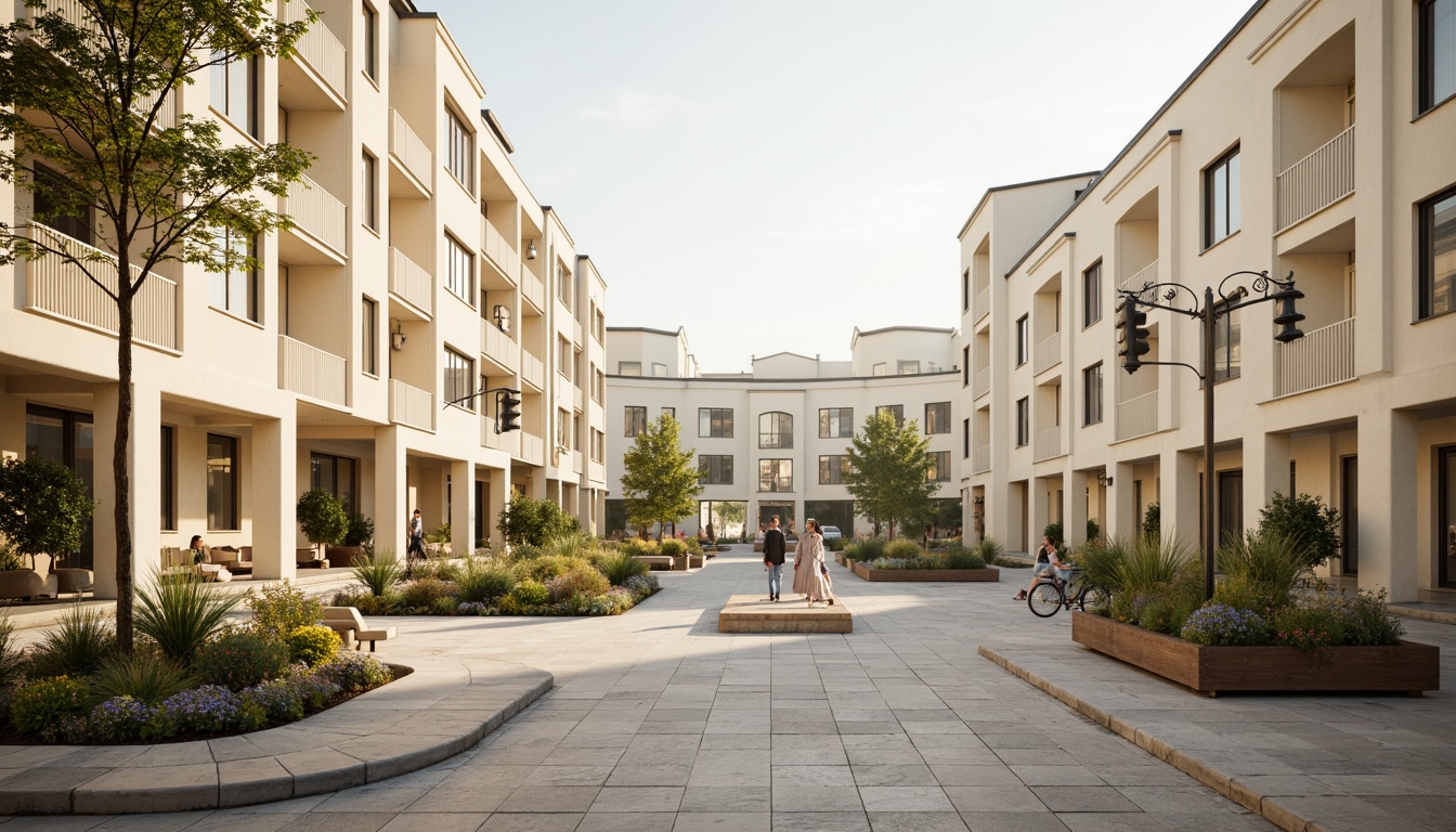 Prompt: Cream-colored buildings, soft warm lighting, gentle urban landscape, pedestrian-friendly streets, calming atmosphere, natural stone pavements, ornate street lamps, vintage-inspired signage, lush greenery, blooming flowers, serene water features, modern minimalist architecture, clean lines, subtle textures, 1/1 composition, shallow depth of field, realistic rendering.