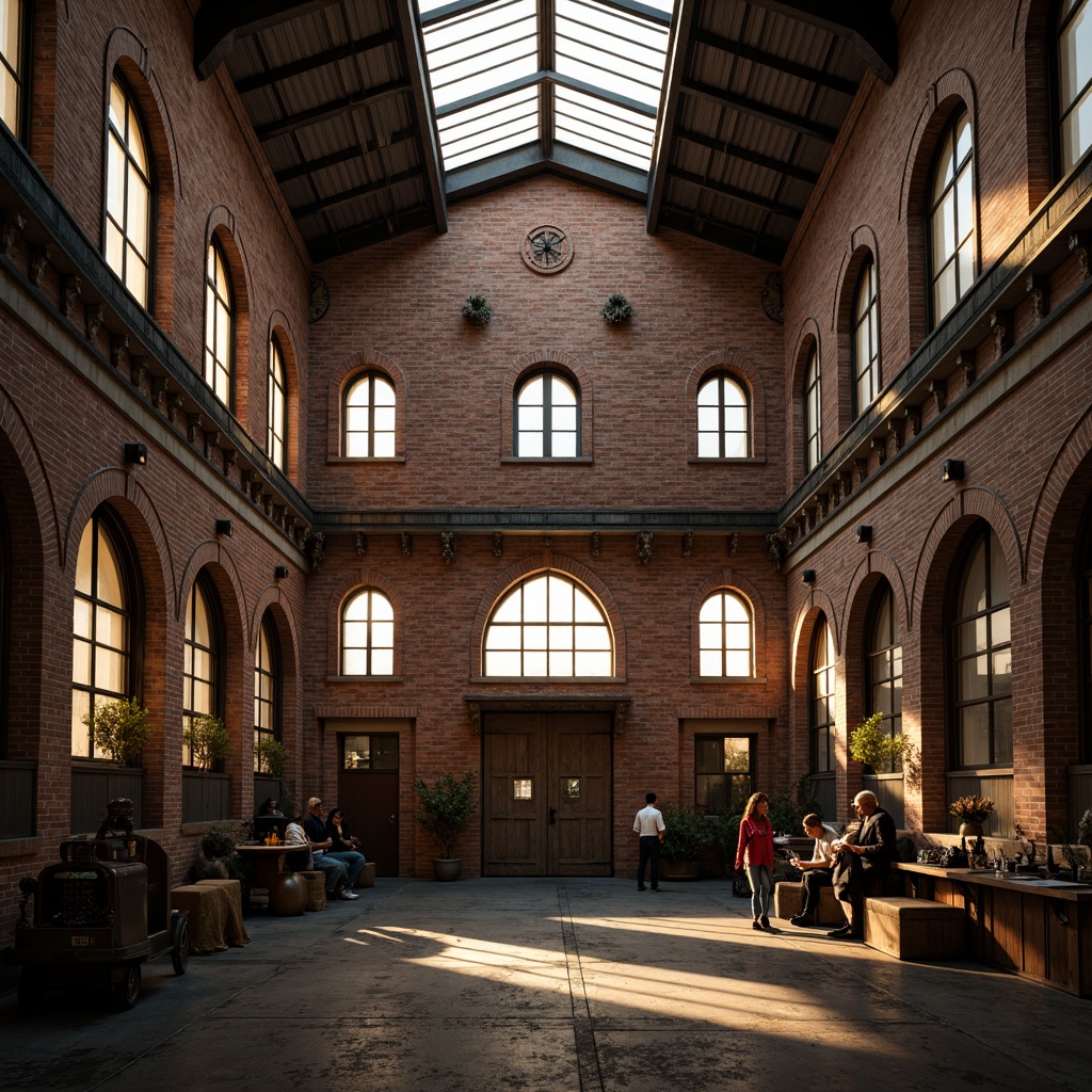 Prompt: Rustic industrial factory, Romanesque fa\u00e7ade, arched windows, ornate stone carvings, distressed brick walls, metal cladding, corrugated roofing, vintage machinery, exposed ductwork, reclaimed wood accents, earthy color palette, warm golden lighting, dramatic shadows, 1/2 composition, low-angle shot, cinematic atmosphere, realistic weathering effects.