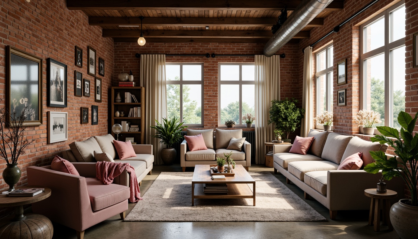 Prompt: Warm industrial loft, exposed brick walls, wooden beams, metal accents, soft warm lighting, cozy atmosphere, rich textiles, plush furnishings, vintage decorative items, distressed finishes, earthy tone color scheme, muted pastels, blush pinks, mauve, sage greens, creamy whites, warm beiges, rustic wood tones, natural stone floors, industrial chic decor, romantic ambiance, intimate setting, soft focus, shallow depth of field, 1/1 composition, realistic textures, ambient occlusion.