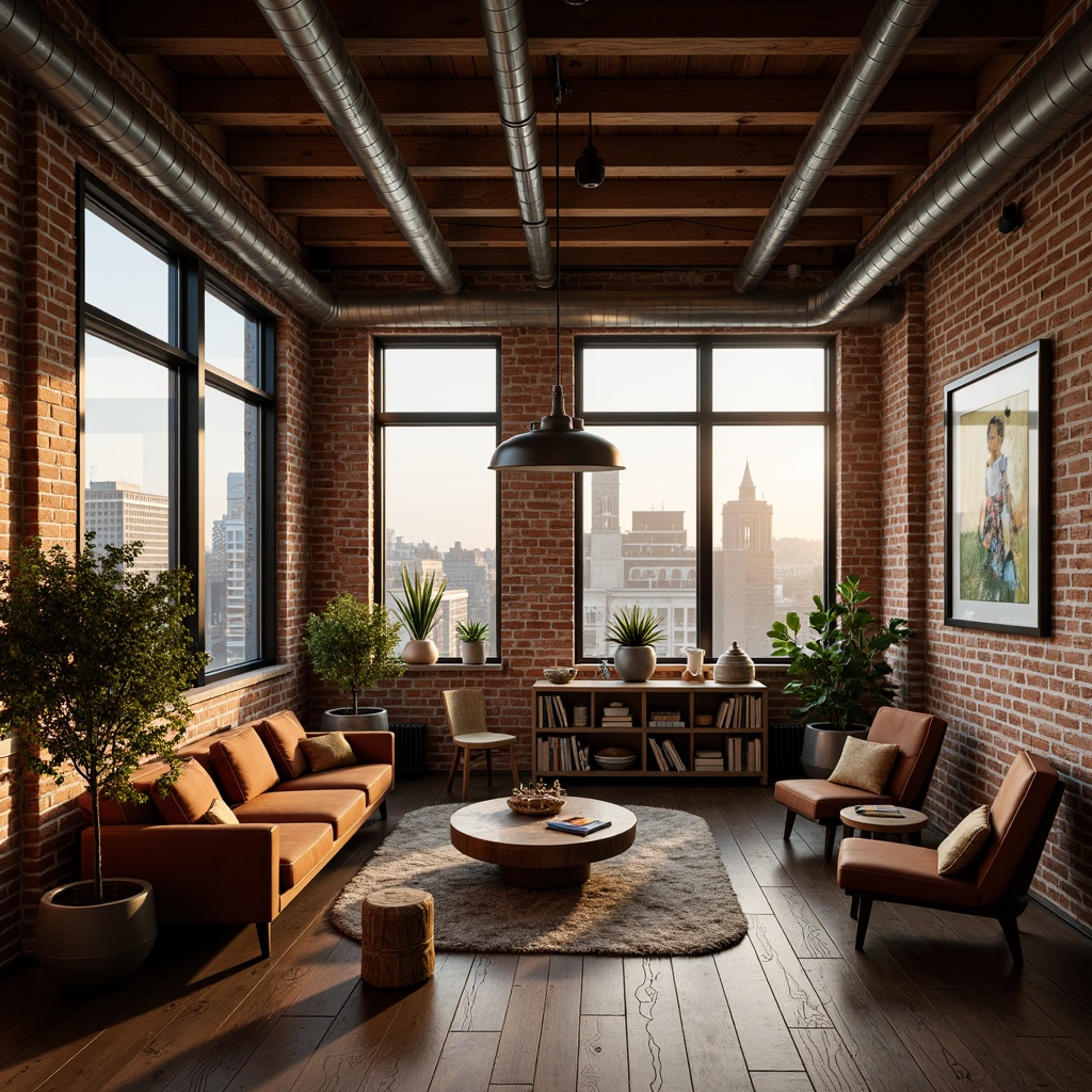 Prompt: Exposed brick walls, wooden beam ceilings, industrial metal pipes, reclaimed wood floors, vintage decorative items, soft warm lighting, cozy reading nooks, plush velvet sofas, distressed leather armchairs, eclectic art collections, floor-to-ceiling windows, cityscape views, minimalist decor, rustic-chic accents, natural textiles, earthy color palette, intimate ambiance, 1/1 composition, shallow depth of field, warm golden hour lighting, soft focus effect.