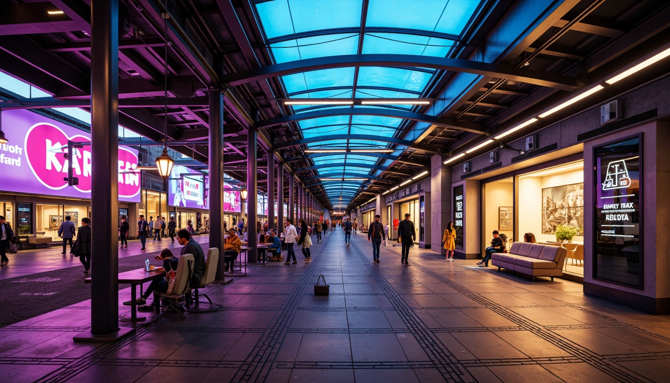 Prompt: Vibrant tram station, modern architecture, sleek metal beams, glass roofs, LED light installations, futuristic ambiance, dynamic color schemes, neon signs, urban cityscape, busy pedestrian traffic, rush hour atmosphere, soft warm lighting, shallow depth of field, 1/1 composition, realistic textures, ambient occlusion, suspended ceiling lights, linear fluorescent lamps, circular pendant lights, geometric patterned flooring, polished metal handrails, comfortable seating areas.