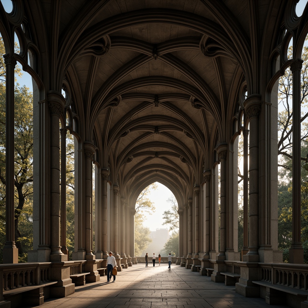 Prompt: Grand pedestrian bridge, Gothic archways, ornate stone carvings, ribbed vaults, pointed arches, flying buttresses, intricate tracery, stained glass windows, mystical ambiance, misty morning light, soft warm glow, shallow depth of field, 1/2 composition, symmetrical framing, realistic textures, ambient occlusion.