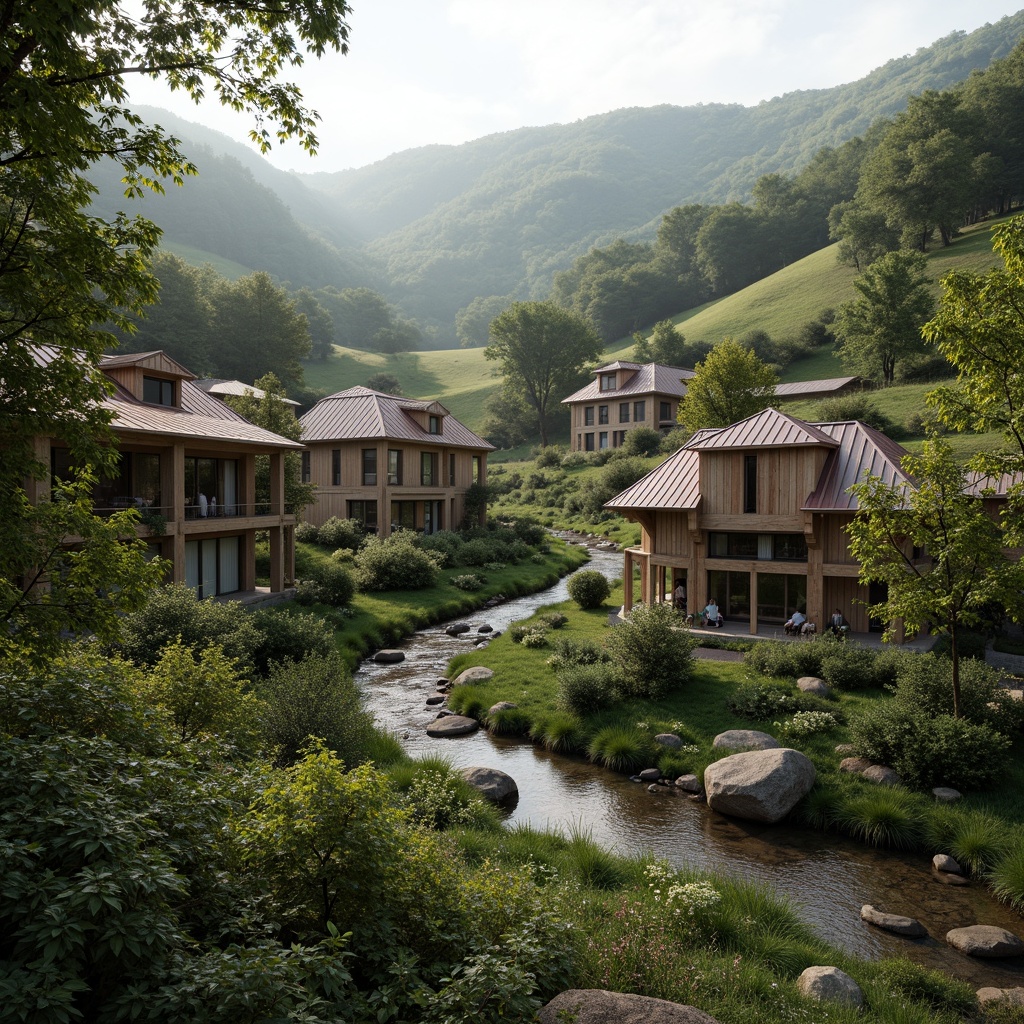 Prompt: Rustic village, rolling hills, lush greenery, meandering streams, traditional vernacular architecture, earthy tones, natural stone walls, wooden accents, curved lines, organic forms, blending with surroundings, seamless integration, harmonious coexistence, soft warm lighting, misty atmosphere, shallow depth of field, 1/1 composition, realistic textures, ambient occlusion.