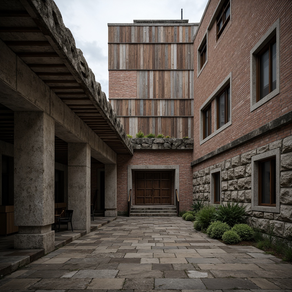 Prompt: Rustic stone walls, weathered wooden planks, rough-hewn concrete columns, tactile brick facades, ornate metalwork, intricate stonework patterns, natural rock formations, earthy tones, organic shapes, brutalist architecture, industrial chic aesthetic, urban landscape, overcast sky, dramatic shadows, high-contrast lighting, 1/2 composition, atmospheric perspective, realistic material rendering.