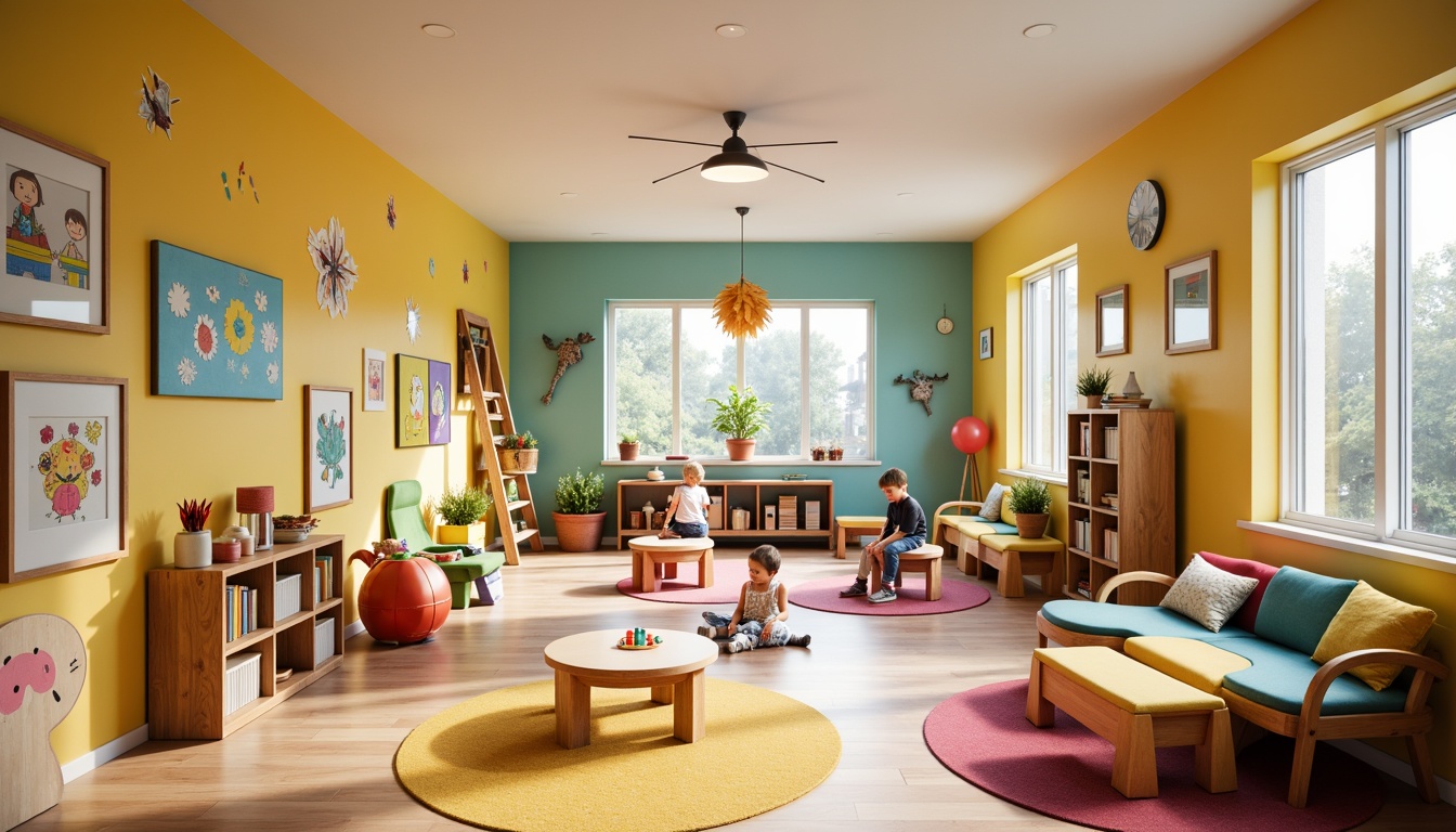 Prompt: Vibrant kindergarten interior, playful color scheme, bright primary colors, soft pastel hues, whimsical illustrations, educational wall decals, interactive learning tools, wooden furniture, rounded edges, safety flooring, natural light, warm atmosphere, cozy reading nooks, circular tables, tiny chairs, colorful rugs, stimulating textures, shallow depth of field, 1/1 composition, realistic renderings, ambient occlusion.