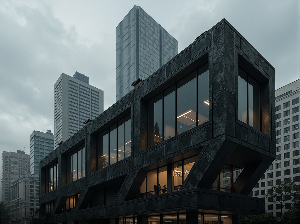 Prompt: Geometric constructivist building, angular metal fa\u00e7ade, bold cantilevered structures, industrial materials, exposed ductwork, urban cityscape, cloudy grey sky, dramatic lighting, deep shadows, 3/4 composition, low-angle shot, gritty textures, atmospheric mist, brutalist architecture, raw concrete walls, steel beams, minimalist windows, abstract patterns, futuristic vibe, high-tech gadgets, neon lights, dynamic reflections.