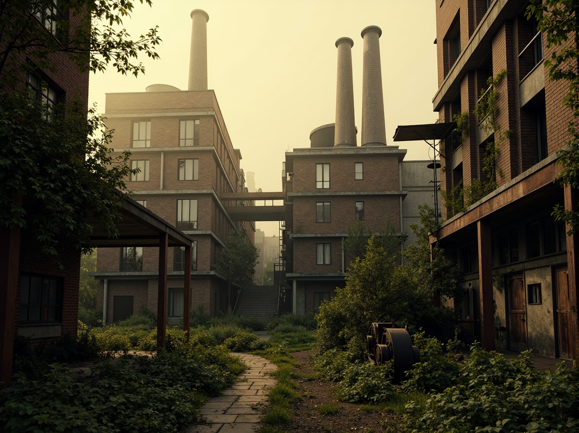 Prompt: Industrial factory buildings, Gothic architectural details, overgrown vegetation, crumbling brick walls, rusty metal beams, ivy-covered chimneys, abandoned machinery, foggy atmosphere, warm golden lighting, shallow depth of field, 1/2 composition, symmetrical framing, realistic textures, ambient occlusion.