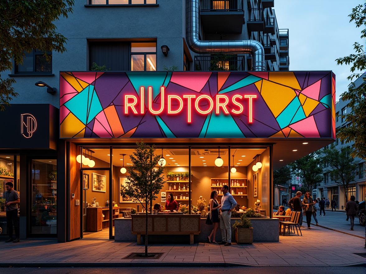 Prompt: Vibrant restaurant facade, expressionist architecture, bold geometric shapes, bright primary colors, abstract patterns, irregular forms, dynamic lighting effects, neon signs, metallic accents, industrial materials, exposed ductwork, urban cityscape, bustling streets, evening atmosphere, warm golden lighting, shallow depth of field, 1/1 composition, dramatic shadows, high-contrast textures.