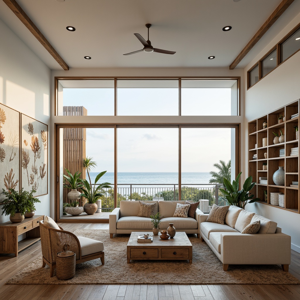 Prompt: Coastal living room, ocean-inspired color palette, driftwood accents, natural textiles, woven sea grass furniture, coral-patterned rugs, shell-adorned decorative walls, floor-to-ceiling windows, sliding glass doors, panoramic ocean views, soft warm lighting, beachy ambiance, minimalist decor, nautical-themed accessories, distressed wood flooring, plush sectional sofas, built-in shelving units, tropical plants, calming atmosphere, 1/1 composition, realistic reflections, ambient occlusion.