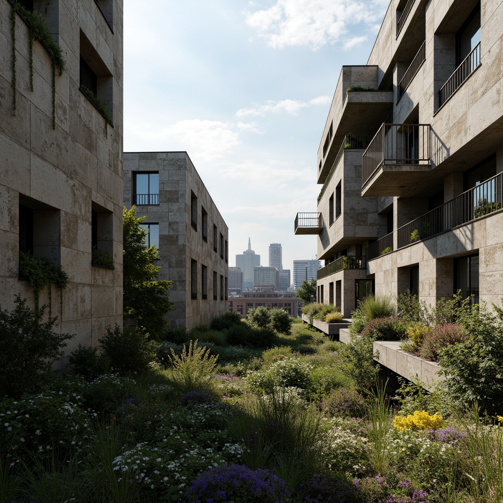 Prompt: Rugged brutalist buildings, raw concrete textures, fortress-like structures, overgrown vegetation, wildflowers, moss-covered walls, weathered steel beams, industrial materials, urban landscape integration, cityscape views, elevated walkways, cantilevered sections, dramatic shadows, harsh natural light, 1/1 composition, symmetrical framing, high-contrast lighting, gritty realistic textures, ambient occlusion.