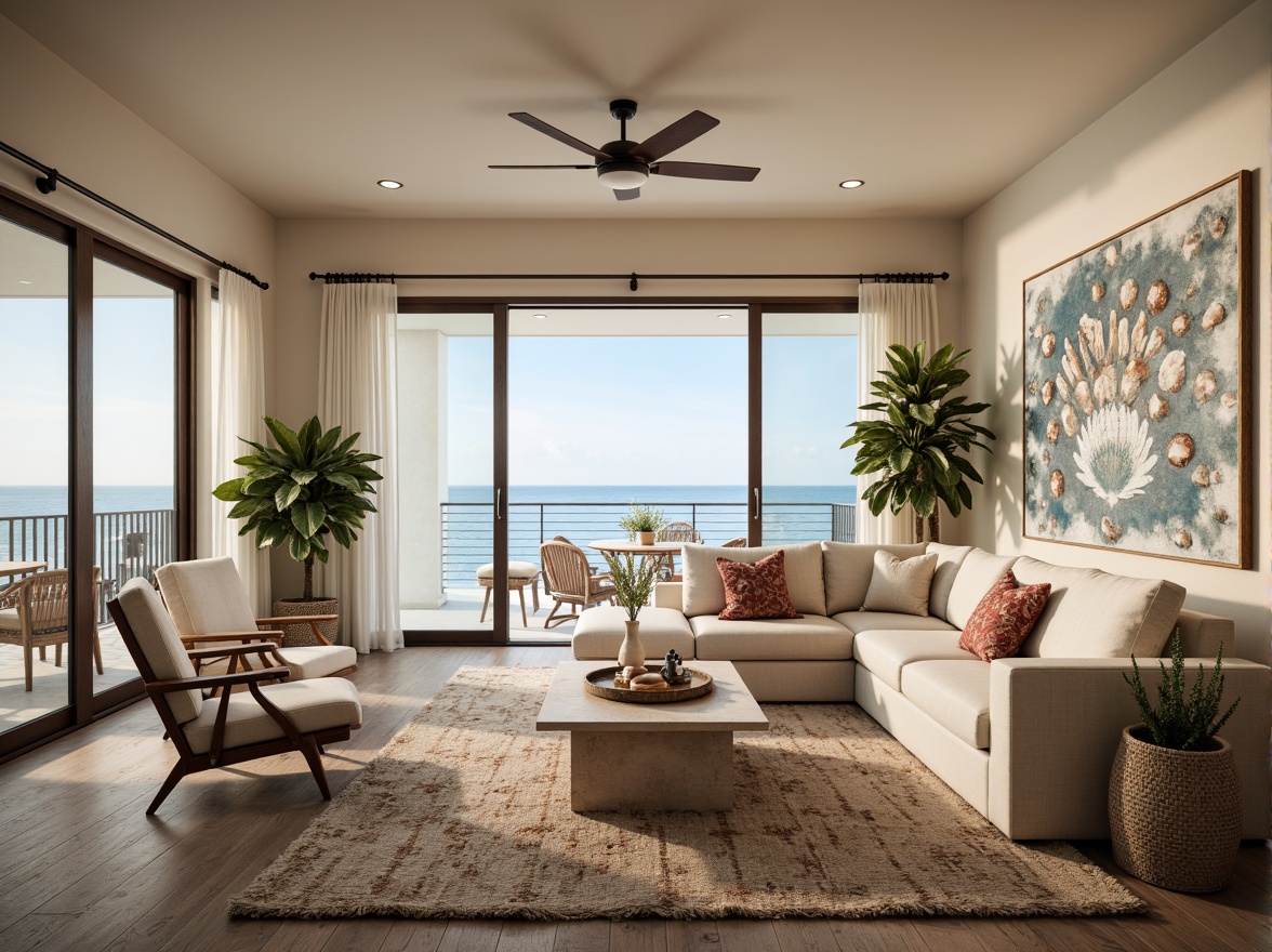 Prompt: Coastal living room, ocean-inspired color palette, driftwood accents, natural textiles, woven sea grass furniture, coral-patterned rugs, shell-adorned decorative walls, floor-to-ceiling windows, sliding glass doors, panoramic ocean views, soft warm lighting, beachy ambiance, minimalist decor, nautical-themed accessories, distressed wood flooring, plush sectional sofas, built-in shelving units, tropical plants, calming atmosphere, 1/1 composition, realistic reflections, ambient occlusion.