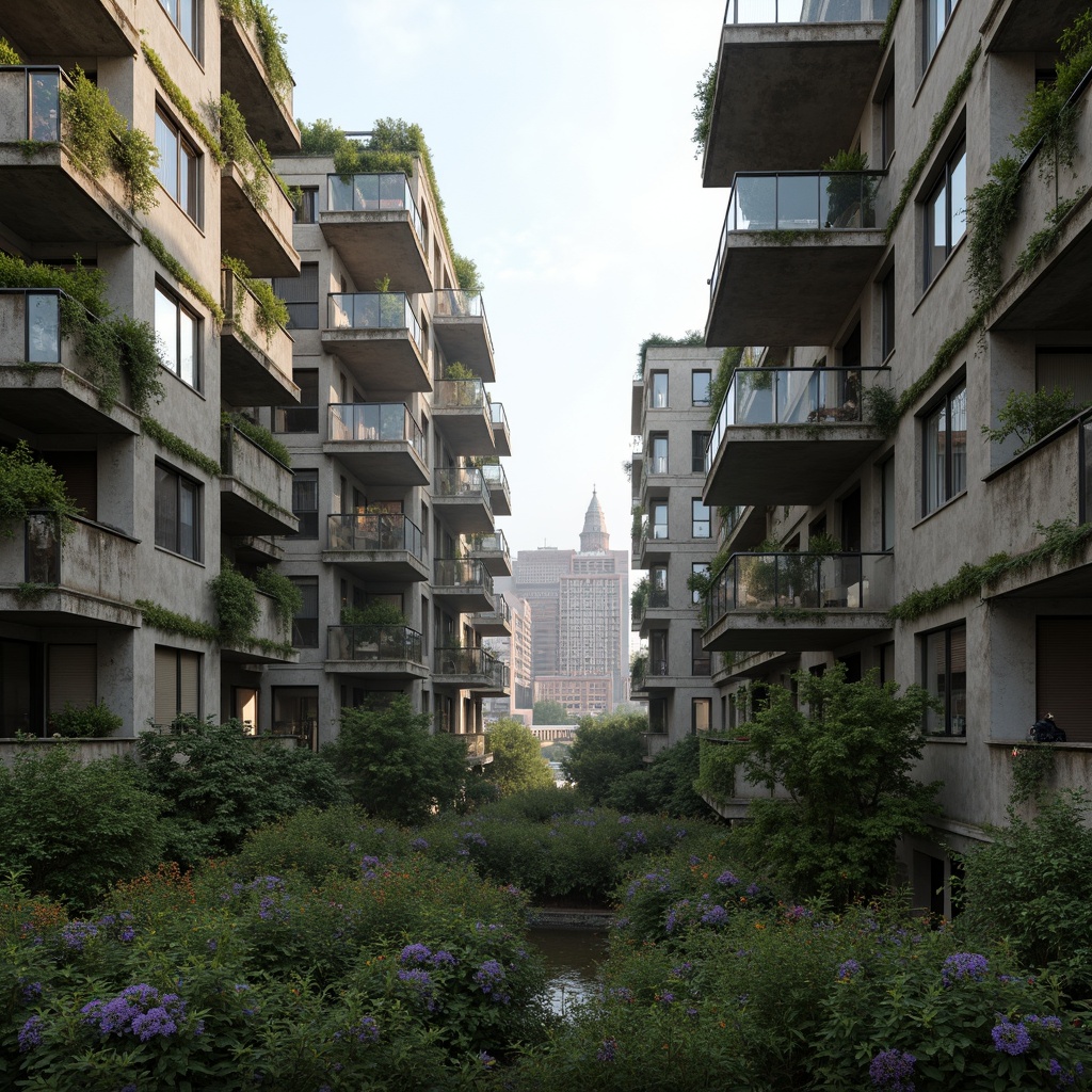 Prompt: Rugged brutalist buildings, raw concrete textures, fortress-like structures, overgrown vegetation, wildflowers, moss-covered walls, weathered steel beams, industrial materials, urban landscape integration, cityscape views, elevated walkways, cantilevered sections, dramatic shadows, harsh natural light, 1/1 composition, symmetrical framing, high-contrast lighting, gritty realistic textures, ambient occlusion.