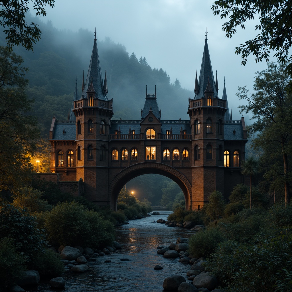 Prompt: Mysterious Gothic bridge, dark stone arches, ornate ironwork, misty foggy atmosphere, eerie twilight, warm golden lighting, rich brown wood accents, intricate carvings, pointed towers, grandiose architecture, weathered copper details, moss-covered stonework, mystical forest surroundings, serene river flowing beneath, soft focus, shallow depth of field, 1/2 composition, cinematic mood, dramatic shadows.