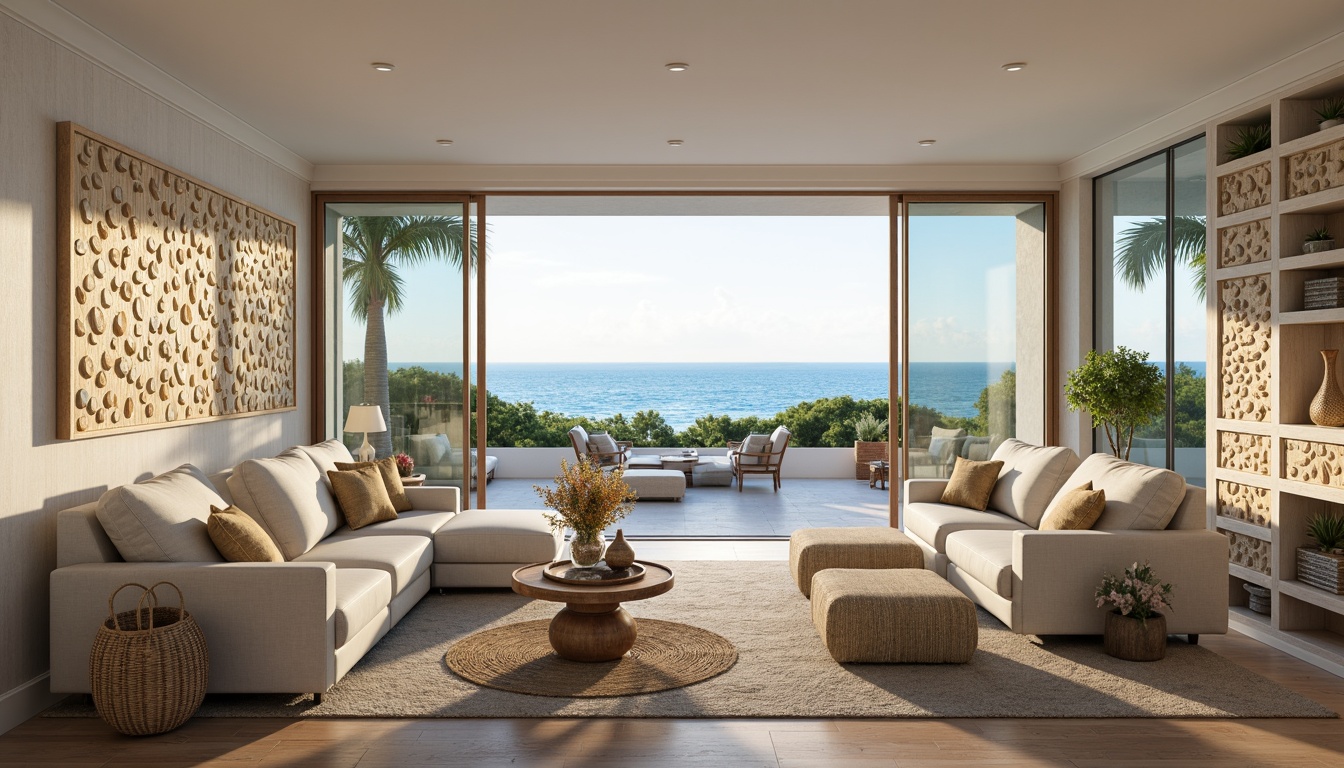 Prompt: Coastal living room, ocean-inspired color palette, driftwood accents, natural textiles, woven sea grass furniture, coral-patterned rugs, shell-adorned decorative walls, floor-to-ceiling windows, sliding glass doors, panoramic ocean views, soft warm lighting, beachy ambiance, minimalist decor, nautical-themed accessories, distressed wood flooring, plush sectional sofas, built-in shelving units, tropical plants, calming atmosphere, 1/1 composition, realistic reflections, ambient occlusion.