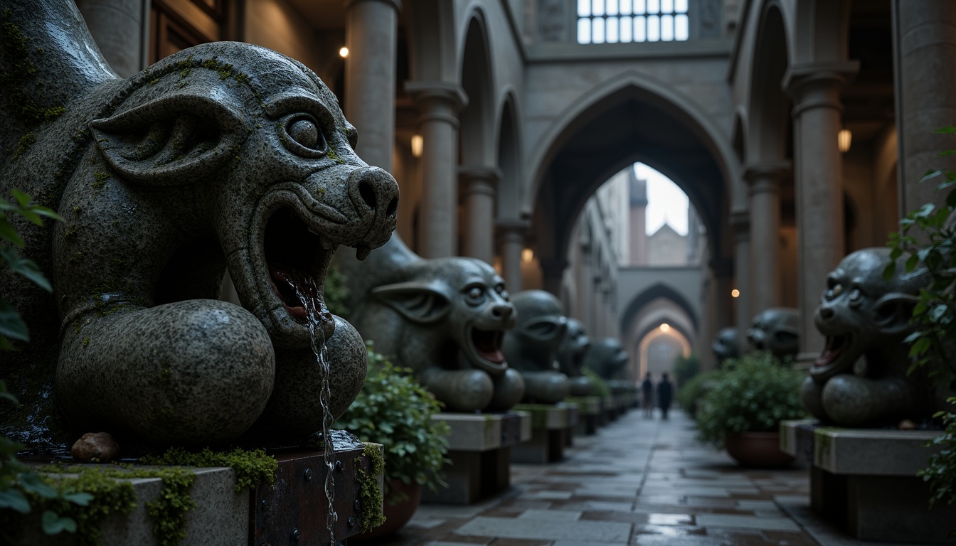 Prompt: Intricate stone gargoyles, Gothic architectural details, water-spouting mouths, grotesque facial expressions, weathered stone textures, moss-covered surfaces, ancient mystical aura, mysterious nighttime ambiance, soft moonlight illumination, subtle mist effects, eerie atmospheric sounds, ornate metal accents, rusty hinges, worn stone pedestals, grand cathedral settings, stained glass windows, vaulted ceilings, dramatic lighting contrasts, high-contrast monochrome colors, cinematic composition, shallow depth of field.