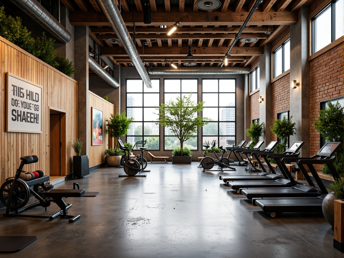 Prompt: Vibrant gym interior, metabolism-inspired design, natural light pouring in, large windows, industrial metal beams, reclaimed wood accents, exposed brick walls, modern fitness equipment, free weights, treadmills, exercise bikes, motivational quotes, greenery walls, living plants, earthy tones, warm color scheme, high ceilings, open spaces, minimal decor, functional layout, softbox lighting, shallow depth of field, 1/1 composition, realistic textures, ambient occlusion.