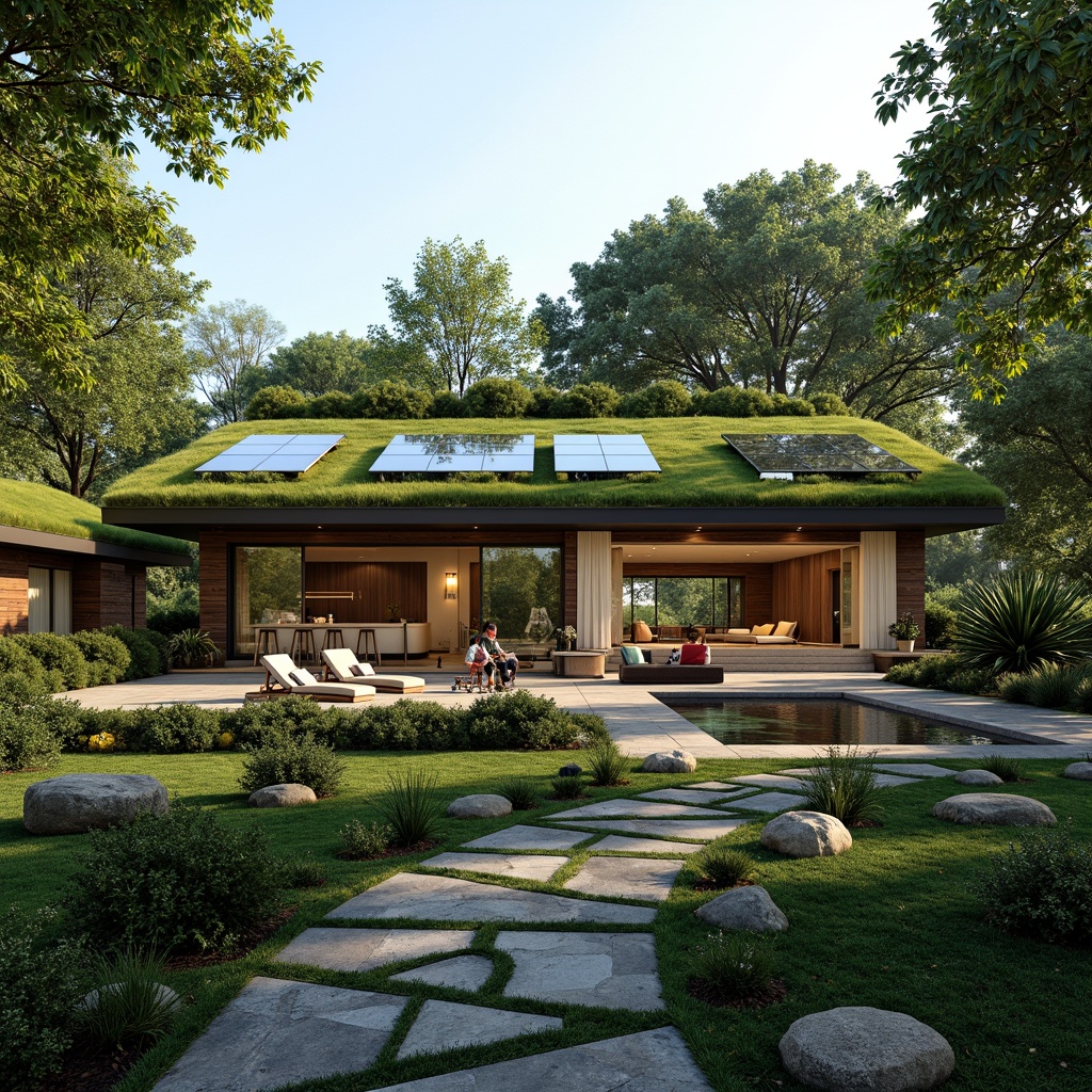 Prompt: Eco-friendly villa, lush green roofs, solar panels, rainwater harvesting systems, natural stone walls, reclaimed wood accents, large windows, sliding glass doors, minimalist interior design, energy-efficient appliances, organic gardens, native plant species, serene water features, meandering pathways, shaded outdoor spaces, warm ambient lighting, soft natural textures, 1/1 composition, realistic rendering, atmospheric perspective.