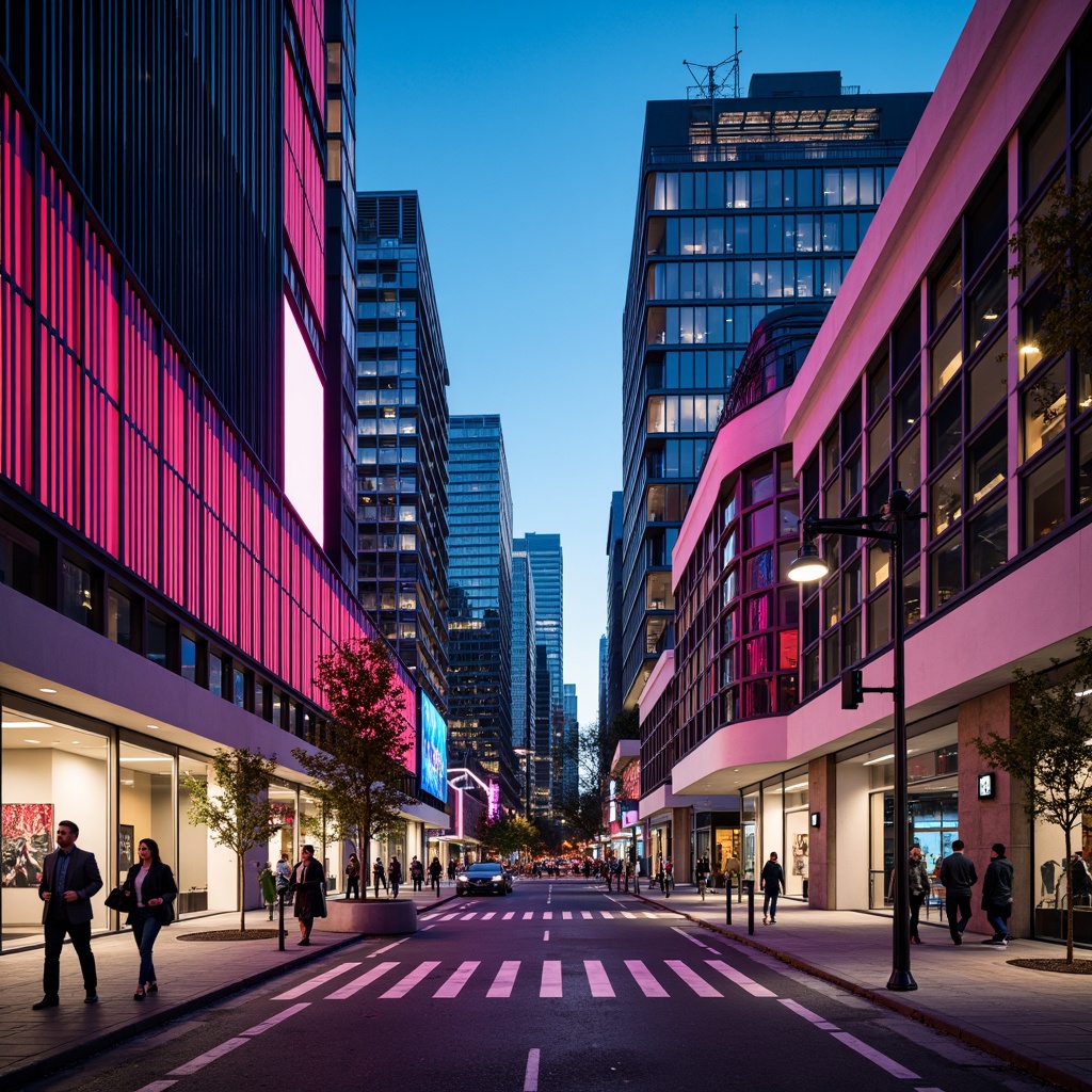 Prompt: Vibrant cityscape, modern skyscrapers, bold color blocking, contrasting hues, neon lights, urban landscape, bustling streets, pedestrian walkways, dynamic architecture, geometric patterns, metallic accents, glass facades, LED installations, futuristic ambiance, high-contrast lighting, dramatic shadows, 1/1 composition, low-angle shot, cinematic mood, realistic reflections.