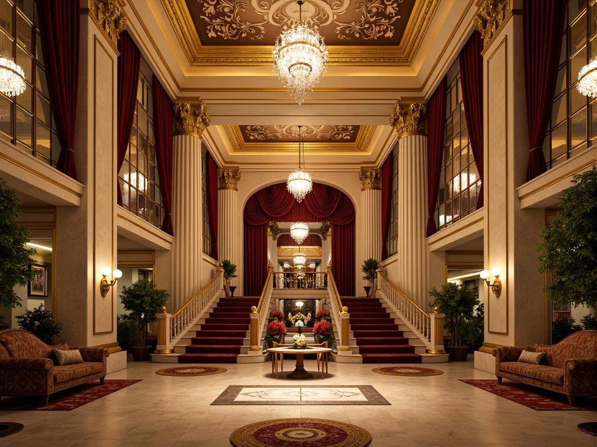 Prompt: Grandiose casino entrance, Corinthian columns, ornate capitals, lavish gold accents, intricate moldings, marble floors, crystal chandeliers, luxurious furnishings, rich velvet drapes, majestic staircases, sweeping archways, neoclassical architecture, symmetrical facade, imposing stone walls, dramatic lighting, warm golden tones, shallow depth of field, 1/1 composition, realistic textures, ambient occlusion.