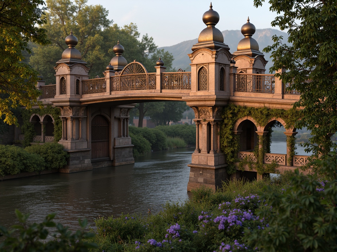 Prompt: Ornate Baroque bridge, rich jewel-toned color palette, warm golden lighting, intricate stone carvings, ornamental metalwork, majestic arches, rustic stonework, moss-covered walls, serene river waters, lush greenery, vibrant flowers, soft misty atmosphere, shallow depth of field, 1/1 composition, realistic textures, ambient occlusion.