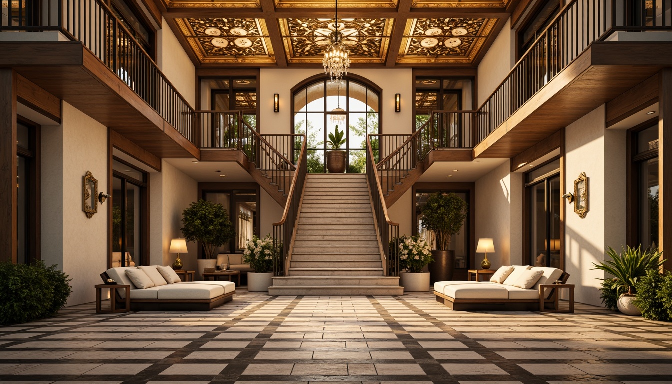 Prompt: Luxurious villa, symmetrical facade, geometric patterns, ornate metalwork, lavish decorations, opulent furnishings, grand entrance, sweeping staircases, elegant chandeliers, rich textiles, bold color schemes, metallic accents, sleek lines, minimalist ornamentation, refined proportions, balanced composition, central axis, radial symmetry, 1/1 aspect ratio, low-angle shot, warm golden lighting, soft focus, subtle shadows.