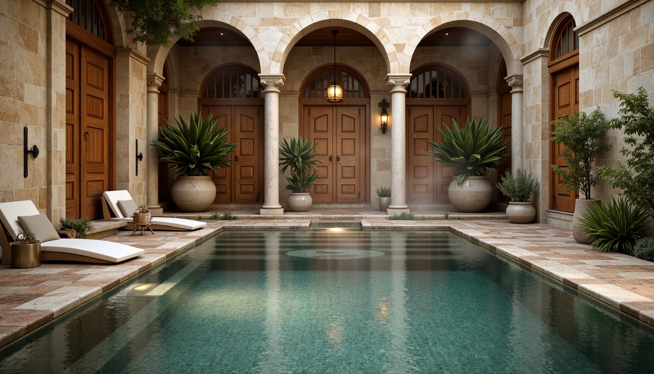 Prompt: Ancient Roman-inspired swimming pool, rustic stone walls, weathered bronze fixtures, ornate ceramic tiles, natural limestone flooring, warm beige stucco, distressed wood accents, vintage metal lanterns, soft golden lighting, misty atmosphere, shallow water effects, 1/1 composition, realistic water textures, ambient occlusion.