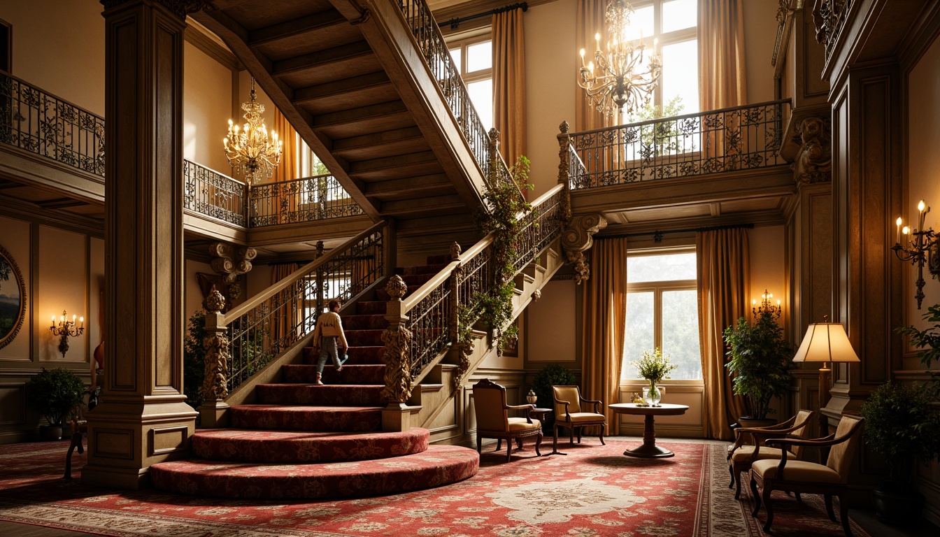 Prompt: Ornate balustrades, grandiose staircases, intricately carved stone railings, gilded metal banisters, ornamental scrollwork, lavish decorations, opulent furnishings, richly patterned rugs, majestic chandeliers, dramatic lighting effects, warm golden tones, highly detailed textures, shallow depth of field, 1/1 composition, realistic rendering.