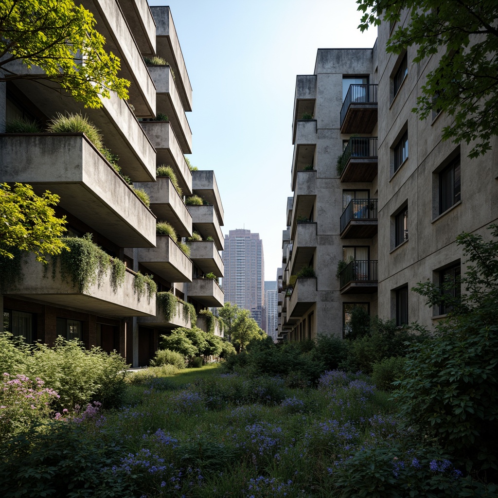 Prompt: Rugged brutalist buildings, raw concrete textures, fortress-like structures, overgrown vegetation, wildflowers, moss-covered walls, weathered steel beams, industrial materials, urban landscape integration, cityscape views, elevated walkways, cantilevered sections, dramatic shadows, harsh natural light, 1/1 composition, symmetrical framing, high-contrast lighting, gritty realistic textures, ambient occlusion.