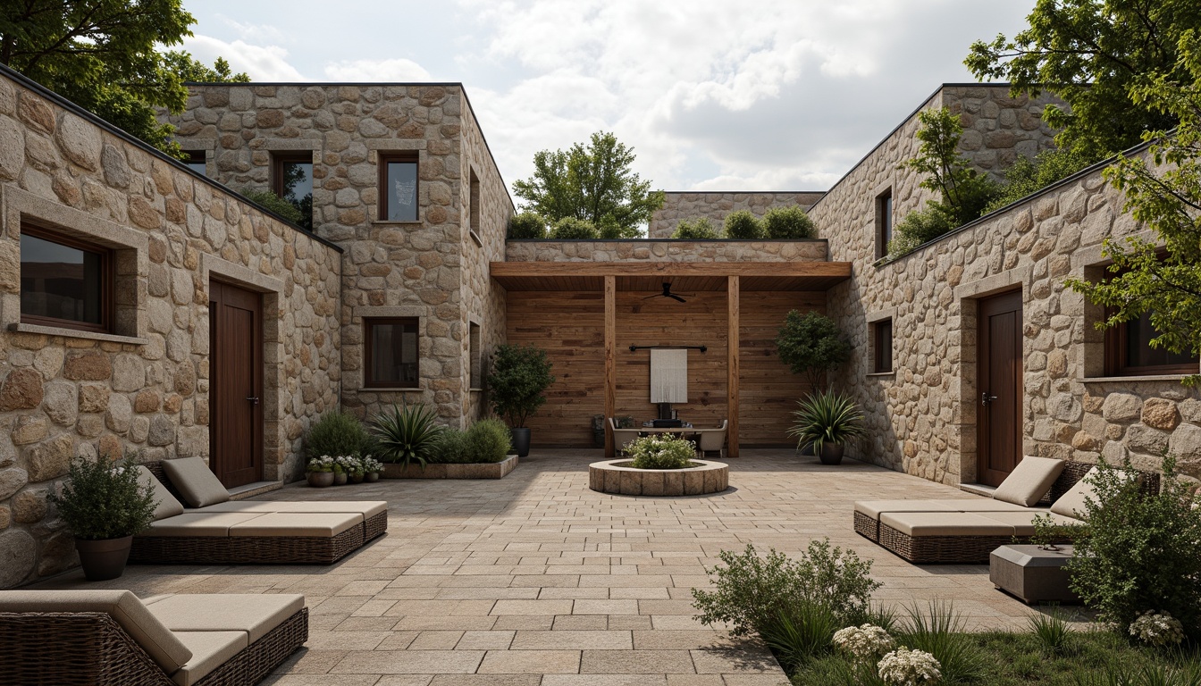 Prompt: Rough stone walls, rustic brick facades, wooden accents, natural wood grain, earthy tones, organic forms, irregular shapes, tactile experiences, 3D modeling, realistic renderings, ambient occlusion, soft warm lighting, shallow depth of field, 2/3 composition, modern architecture, sustainable design, eco-friendly materials, green roofs, living walls, urban landscapes, city skylines, industrial heritage, converted warehouses.