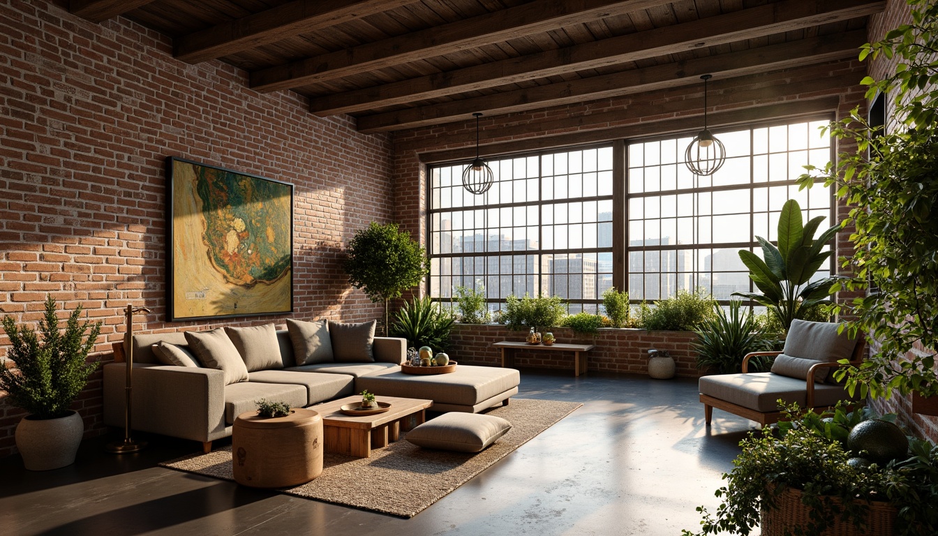 Prompt: Exposed brick walls, reclaimed wood accents, industrial metal beams, vintage decorative items, lush greenery, potted plants, natural textiles, earthy color palette, soft warm lighting, cozy atmosphere, eco-friendly materials, solar panels, rainwater harvesting systems, living roofs, green walls, minimalist decor, open-plan layout, high ceilings, large windows, cityscape views, urban landscape, morning sunlight, shallow depth of field, 3/4 composition, realistic textures, ambient occlusion.