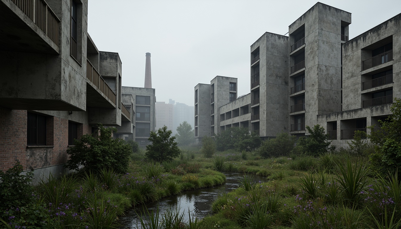 Prompt: Rugged brutalist architecture, raw concrete textures, fortress-like structures, overgrown vegetation, wildflowers, moss-covered walls, industrial landscapes, abandoned factories, crumbling brick facades, distressed metal accents, urban decay, post-apocalyptic atmosphere, dramatic lighting, low-angle shots, cinematic composition, gritty realistic renderings, atmospheric fog effects, misty mornings, eerie silence.