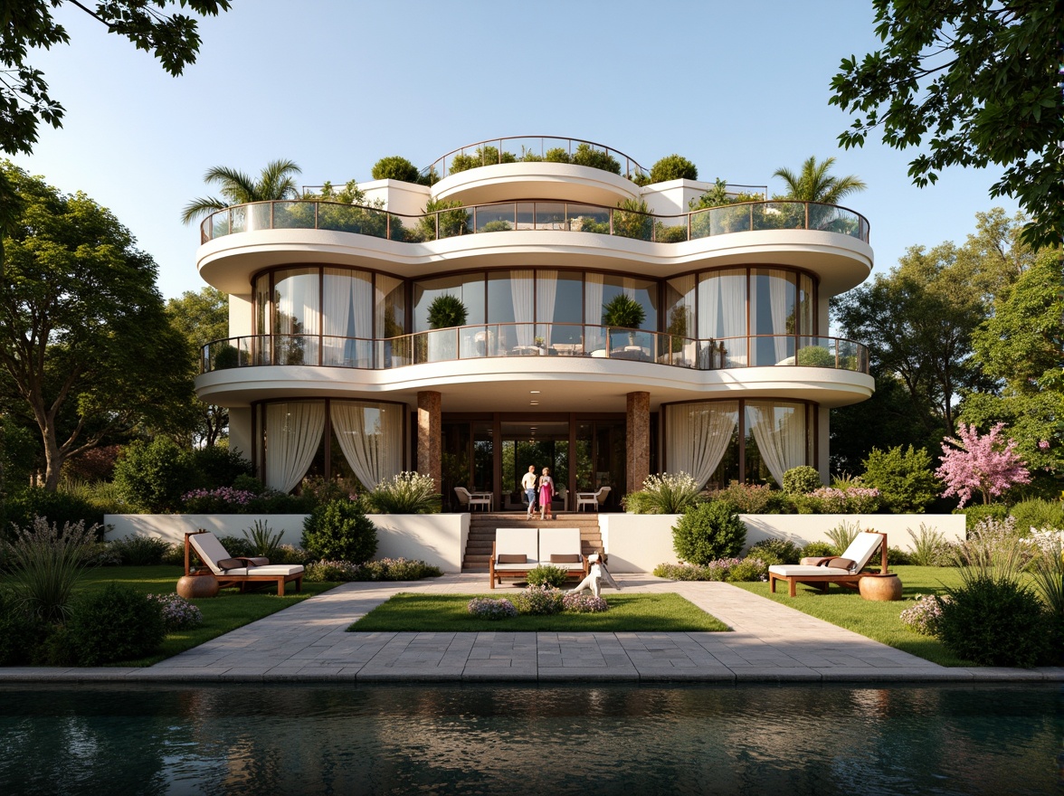 Prompt: Luxurious villa, Art Deco style, ornate facades, curved lines, geometric patterns, lavish gardens, lush greenery, vibrant flowers, tranquil ponds, walking paths, decorative fountains, elegant outdoor furniture, plush cushions, metallic accents, warm lighting, soft shadows, 1/1 composition, symmetrical framing, cinematic atmosphere, realistic textures, ambient occlusion.