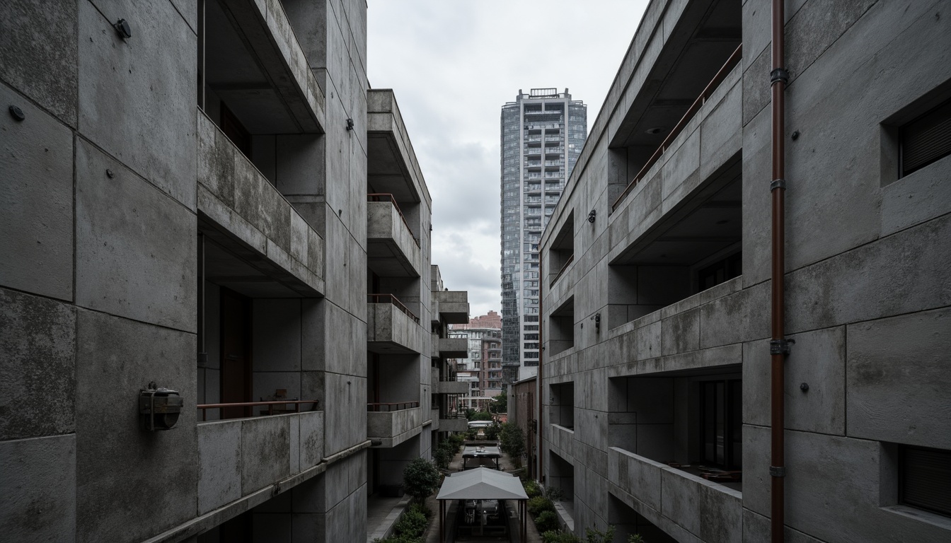 Prompt: Exposed concrete walls, rugged textures, industrial pipes, raw steel beams, minimalist balconies, brutalist architecture, urban cityscape, gloomy overcast sky, dramatic shadows, high-contrast lighting, bold geometric forms, functional simplicity, distressed finishes, poured-in-place concrete, cold monochromatic color palette, 1/1 composition, low-angle shot, cinematic atmosphere, gritty realistic textures.