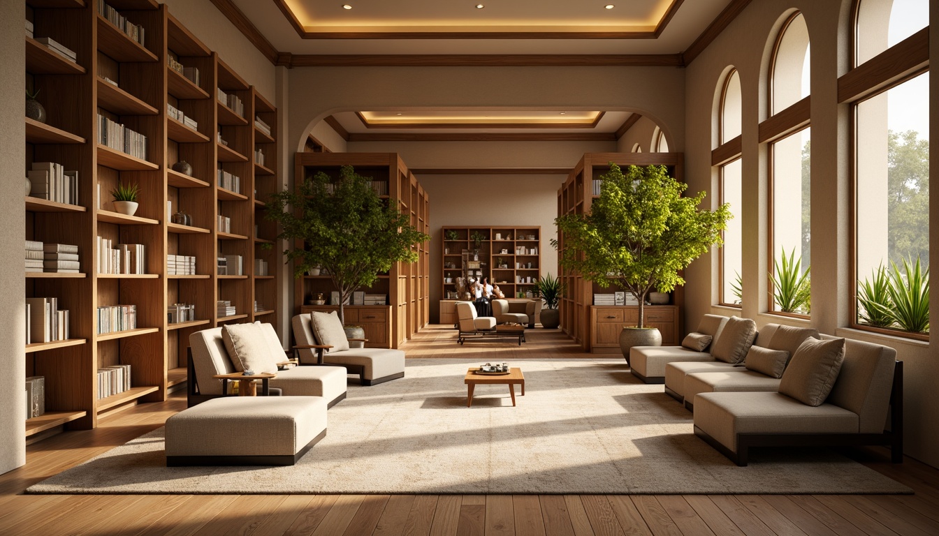 Prompt: Cozy library interior, warm beige walls, rich wood accents, comfortable seating areas, plush carpets, soft golden lighting, floor-to-ceiling bookshelves, modern minimalist furniture, calming greenery, natural stone columns, elegant archways, subtle texture overlays, realistic material reflections, shallow depth of field, 1/1 composition, warm atmospheric ambiance, inviting color palette.