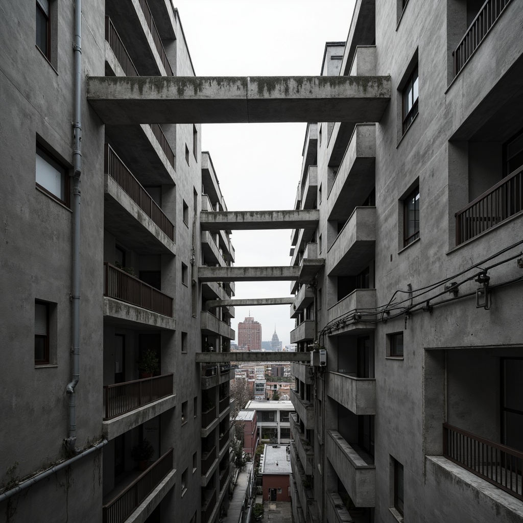 Prompt: Exposed concrete walls, rugged textures, industrial pipes, raw steel beams, minimalist balconies, brutalist architecture, urban cityscape, gloomy overcast sky, dramatic shadows, high-contrast lighting, bold geometric forms, functional simplicity, distressed finishes, poured-in-place concrete, cold monochromatic color palette, 1/1 composition, low-angle shot, cinematic atmosphere, gritty realistic textures.