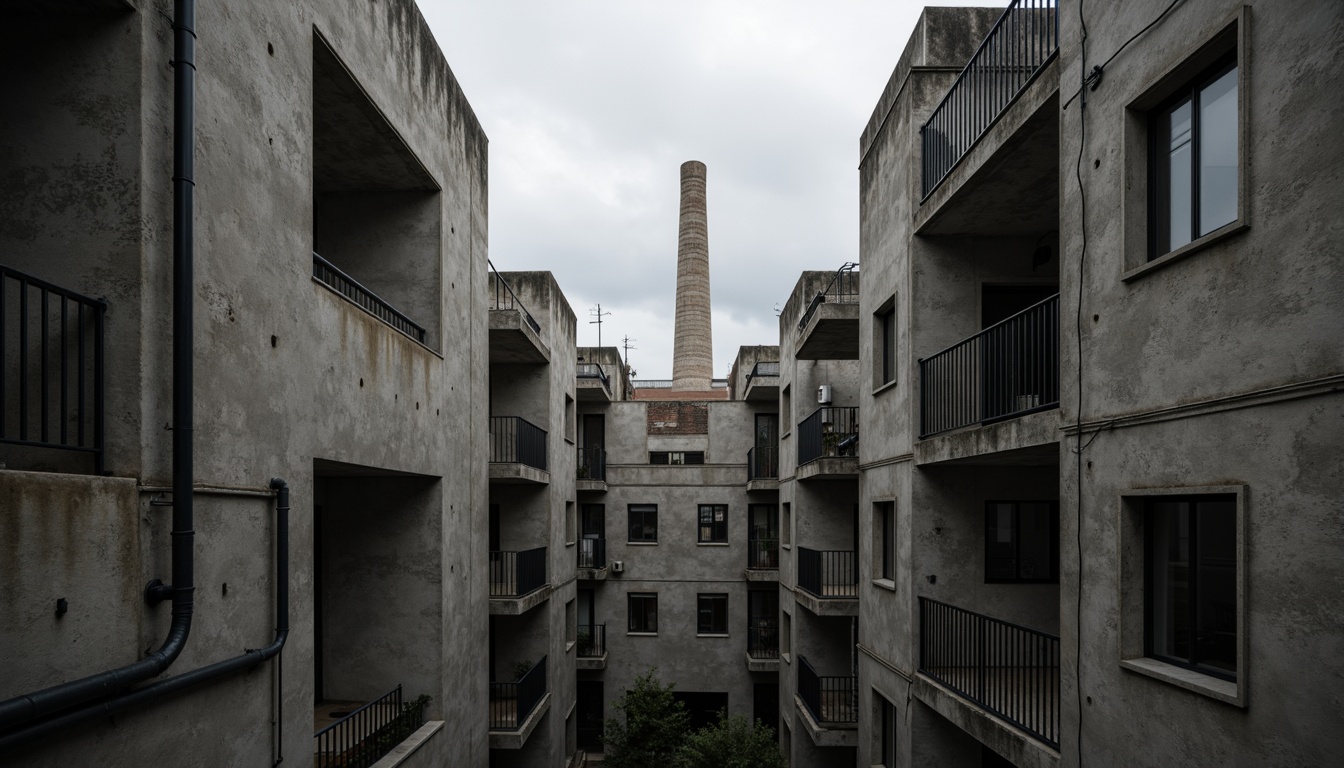 Prompt: Exposed concrete walls, rugged textures, industrial pipes, raw steel beams, minimalist balconies, brutalist architecture, urban cityscape, gloomy overcast sky, dramatic shadows, high-contrast lighting, bold geometric forms, functional simplicity, distressed finishes, poured-in-place concrete, cold monochromatic color palette, 1/1 composition, low-angle shot, cinematic atmosphere, gritty realistic textures.