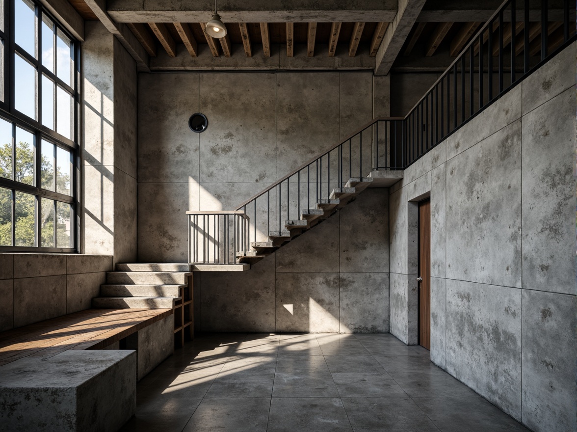 Prompt: Raw concrete walls, rugged textures, brutalist architecture, urban apartment building, industrial chic aesthetic, minimalist decor, functional simplicity, exposed ductwork, steel beams, industrial-style lighting, metal railings, raw wood accents, monochromatic color scheme, dramatic shadows, high-contrast lighting, cinematic composition, 1/2 camera angle, gritty realistic textures, ambient occlusion.