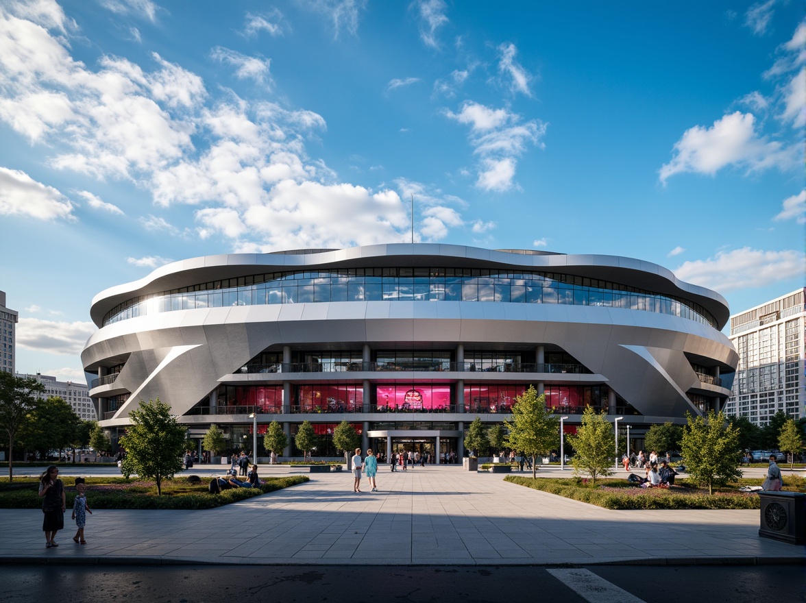 Prompt: Sleek stadium fa\u00e7ade, curved lines, aerodynamic shapes, metallic materials, reflective surfaces, modernist architecture, grand entrance gates, electronic scoreboards, vibrant LED lighting, dynamic shading systems, cantilevered roofs, open-air concourses, urban cityscape backdrop, clear blue sky, dramatic cloud formations, low-angle sunlight, high-contrast shadows, 1/2 composition, symmetrical framing, cinematic camera angles, realistic reflections, ambient occlusion.