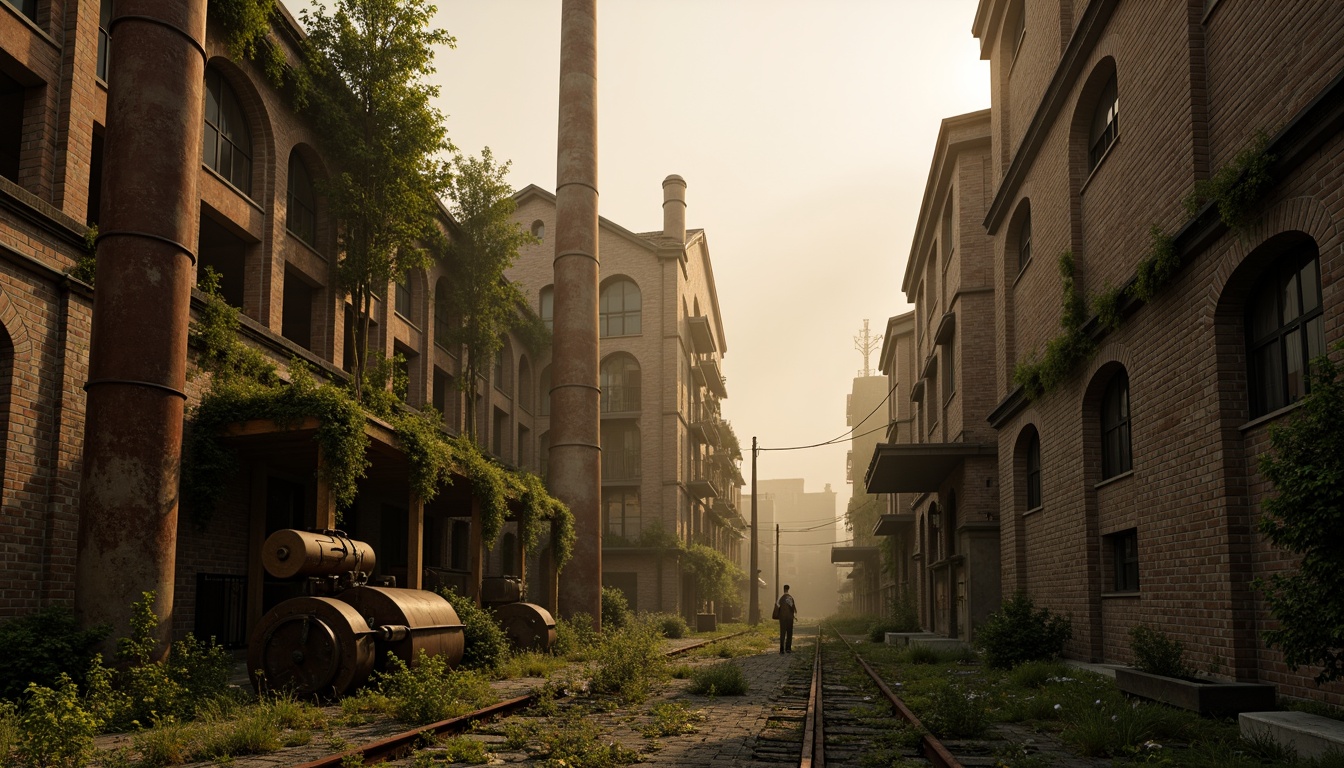 Prompt: Industrial factory buildings, Gothic architectural details, overgrown vegetation, crumbling brick walls, rusty metal beams, ivy-covered chimneys, abandoned machinery, foggy atmosphere, warm golden lighting, shallow depth of field, 1/2 composition, symmetrical framing, realistic textures, ambient occlusion.