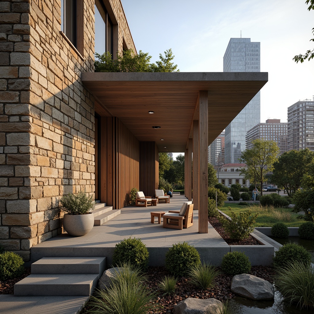 Prompt: Rough stone walls, rustic brick facades, wooden accents, natural wood grain, earthy tones, organic forms, irregular shapes, tactile experiences, 3D modeling, realistic renderings, ambient occlusion, soft warm lighting, shallow depth of field, 2/3 composition, modern architecture, sustainable design, eco-friendly materials, green roofs, living walls, urban landscapes, city skylines, industrial heritage, converted warehouses.