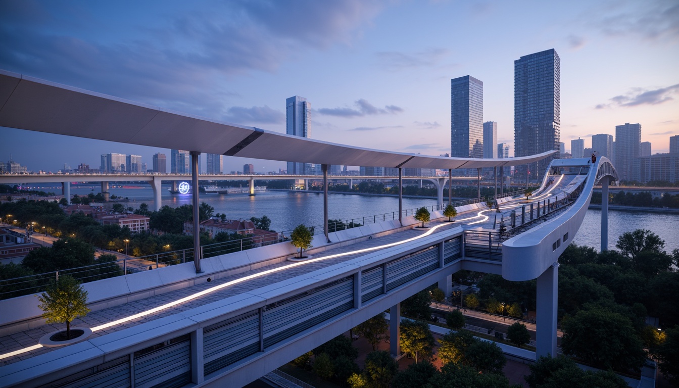 Prompt: Futuristic bridge design, metallic structures, iridescent materials, reflective surfaces, neon-lit accents, glowing lines, sleek curves, minimalist railings, modern urban landscape, cityscape at dusk, vibrant nightlife, misty atmosphere, shallow depth of field, 3/4 composition, panoramic view, realistic textures, ambient occlusion.