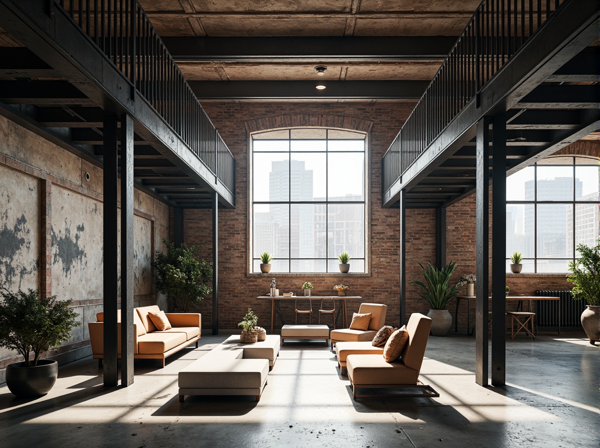 Prompt: Exposed steel beams, industrial chic aesthetic, polished concrete floors, minimalist decor, modern urban loft, open-plan living space, floor-to-ceiling windows, natural light pouring in, sleek metal staircases, geometric-shaped railings, reclaimed wood accents, distressed brick walls, edgy architectural lines, dramatic shadows, high-contrast lighting, 1/1 composition, symmetrical framing, realistic textures, ambient occlusion.