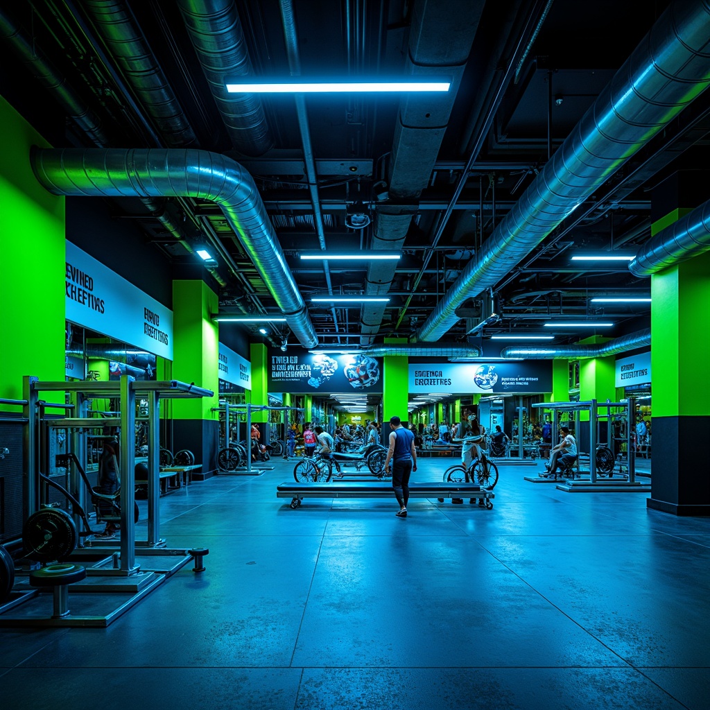 Prompt: Vibrant gym interior, bold color scheme, energetic atmosphere, neon green accents, deep blue tones, metallic silver equipment, industrial concrete floors, exposed ductwork ceilings, modern LED lighting, motivational quotes, athletic tracks, dynamic shapes, abstract patterns, high-contrast textures, dramatic shadows, 1/2 composition, low-angle shot, cinematic mood, realistic reflections.