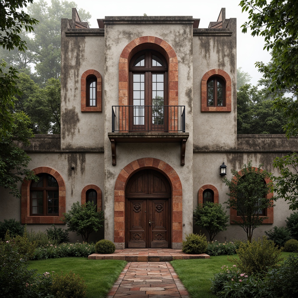 Prompt: Rustic monastery facade, distressed stone walls, ornate wooden doors, stained glass windows, intricate carvings, asymmetrical composition, bold color contrasts, playful use of arches, irregular shapes, eclectic mix of materials, weathered copper accents, lush greenery, misty morning atmosphere, soft warm lighting, shallow depth of field, 1/1 composition, realistic textures, ambient occlusion.